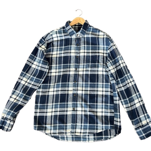 J Crew Classic Blue White Flannel Plaid Button Up Long Sleeve Slim Fit Size L - Picture 1 of 9